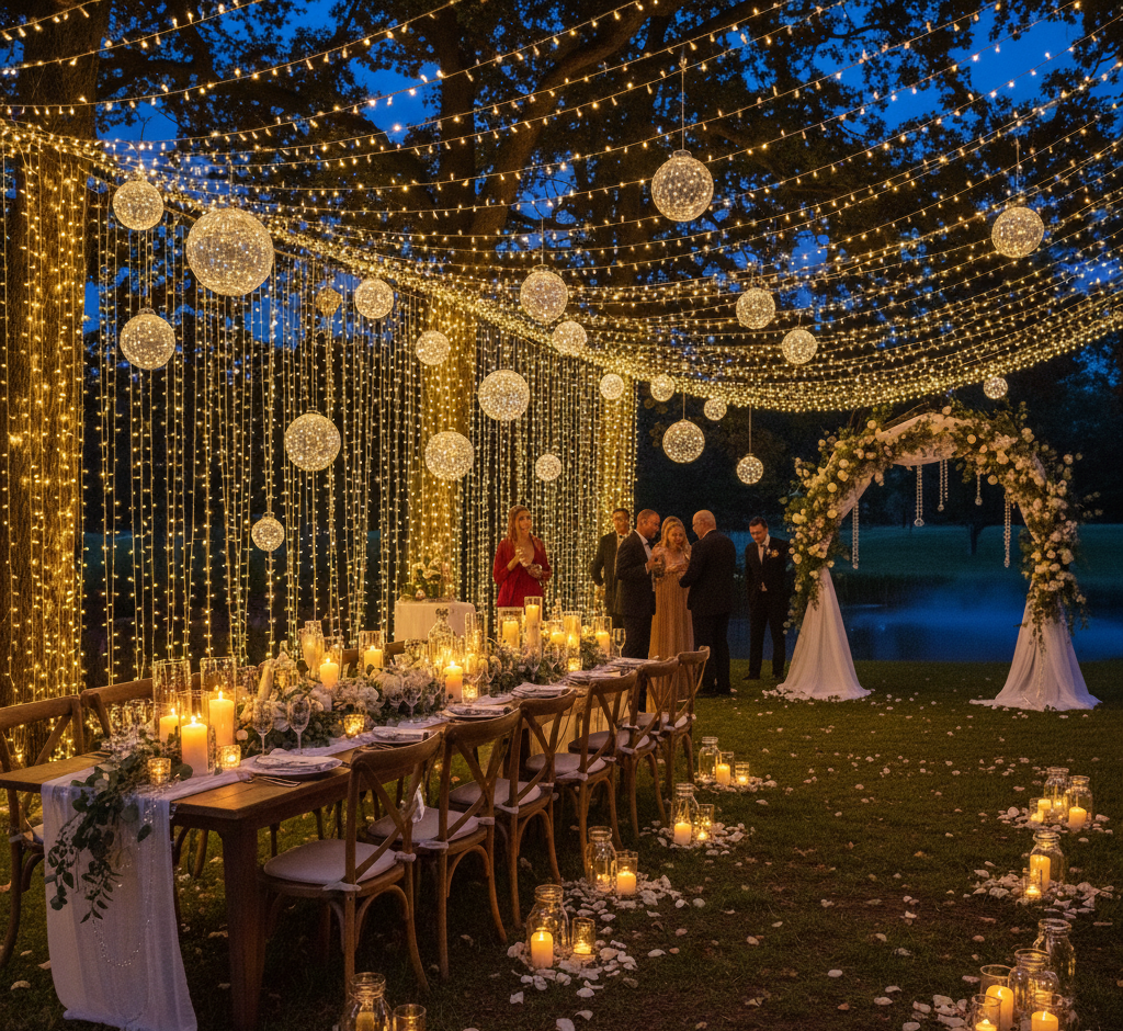 Romantische bruiloft decoratie met lichtgevende elementen